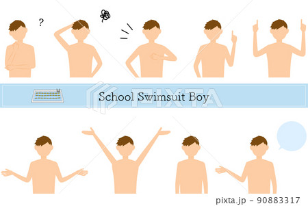 男子生徒、水着姿のポーズセット、疑問・悩む・引き受ける・指さしetc 男子生徒、水着姿のポーズセット、疑問・悩む・引き受ける・指さしetc 90883317