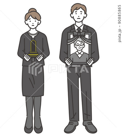 喪服を着て遺影と位牌を持つ男女の夫婦のベクターイラスト素材／夫婦／葬儀／法事 90885865