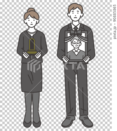 喪服を着て遺影と位牌を持つ男女の夫婦のベクターイラスト素材／夫婦／葬儀／法事 90885865