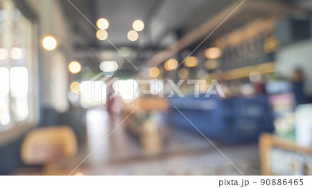 Blurred background shopping mall light bokeh business event in retail store. Blurry abstract background of store grocery. Blur Convention hall center audience present display goods products on shelf. 90886465