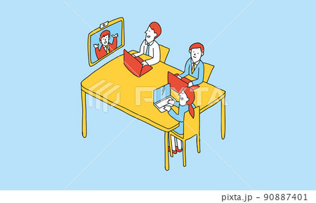 オフィスに出社している人の会議にリモートで参加するビジネスマンのイラスト オフィスに出社している人の会議にリモートで参加するビジネスマンのイラスト 90887401