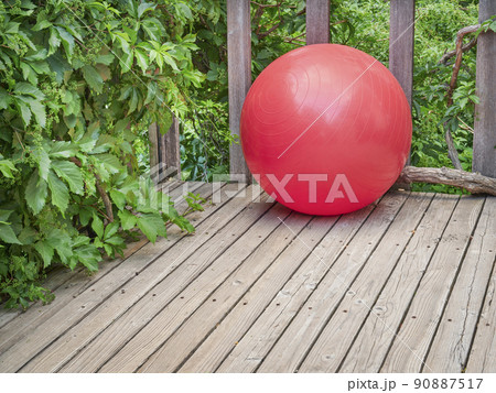 Swiss exercise ball in a backyard patio 90887517