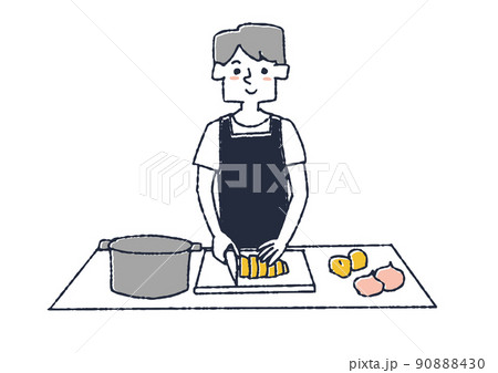 材料を切っている男性　快適なキッチンで料理をする人々 90888430