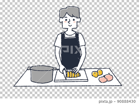材料を切っている男性　快適なキッチンで料理をする人々 90888430