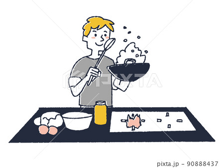 中華鍋でチャーハンを作る男性　快適なキッチンで料理をする人々 90888437