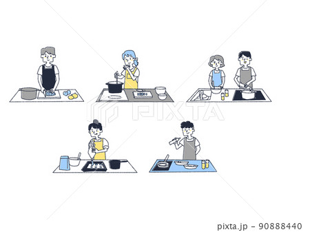 快適なキッチンで料理をする人々のセット1 90888440