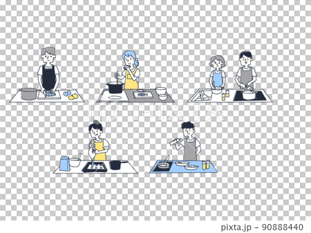 快適なキッチンで料理をする人々のセット1 90888440