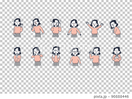 いろいろな感情を表情やジェスチャーで表す女性のバリエーションセット1のイラスト素材