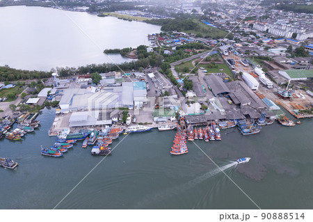 Aerial view of Phuket Fishing port is the largest fishing port Located at koh siray Island Phuket Thailand Aerial view of Phuket Fishing port is the largest fishing port Located at koh siray Island Phuket Thailand 90888514