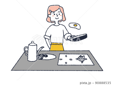 朝食を作る女性　快適なキッチンで料理をする人々 90888535