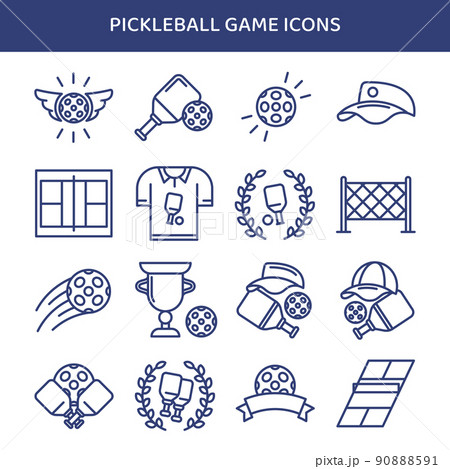 Outdoor sport leisure game vector illustrations. Pickleball game icon set 90888591