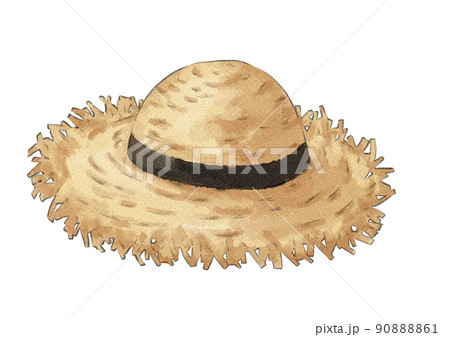 黒色リボン付きの編みっぱなし麦わら帽子のイラスト（水彩風） 90888861