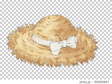 Illustration of an unknitted straw hat with a tied white ribbon (watercolor style) 90888867