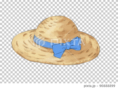Illustration of a straw hat with a tied blue ribbon (watercolor style) Illustration of a straw hat with a tied blue ribbon (watercolor style) 90888899