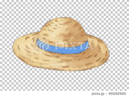 Illustration of a straw hat with a blue ribbon (watercolor style) 90888900