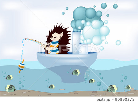 Vector image of a hedgehog floating on a boat. Series of illustrations	 90890275