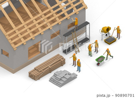 家を建てる。住宅建設の仕事。工事現場で働く大工。たくさんの資材で家を作る。 90890701