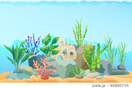 Seascape Rocks and Plants Vector Illustration 90890754