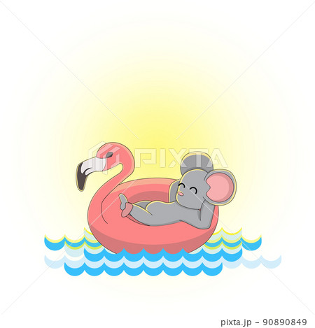 Vector image of a mouse in an inflatable circle in the form of a pink Flamingo on the water. Symbol of 2020. Series of illustrations. Calendar item	 90890849