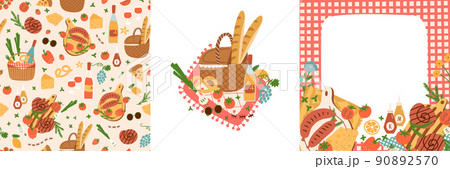 Picnic party banner set. Summer picnic party invitation frame with picnic basket, picnic blanket, picnic food, pizza, sausages. Outdoor picnic collection. Vector illustration card. Garden party poster Picnic party banner set. Summer picnic party invitation frame with picnic basket, picnic blanket, picnic food, pizza, sausages. Outdoor picnic collection. Vector illustration card. Garden party poster 90892570