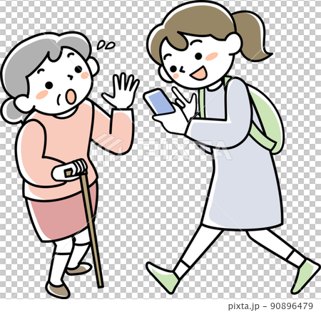 歩きスマホをする若い女性とぶつかりそうになって驚くシニア女性 90896479