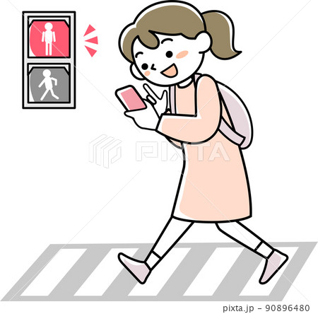 赤信号に気づかずに歩きスマホをする若い女性 90896480