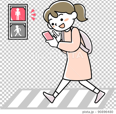 赤信号に気づかずに歩きスマホをする若い女性 90896480