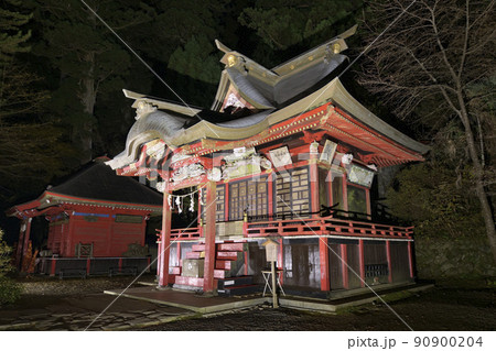 ライトアップされた秋の花園神社（茨城県）の拝殿 90900204