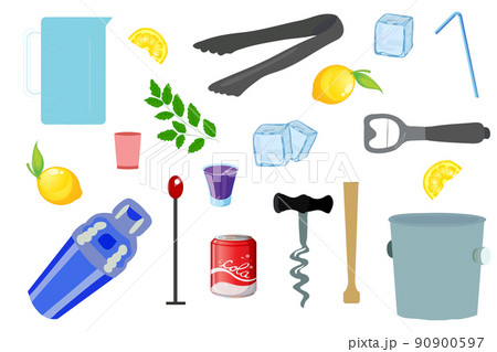 Bartending Equipment set. Cocktail bar tools. Vector cartoon illustration. Bartender equipment and instrument Bartending Equipment set. Cocktail bar tools. Vector cartoon illustration. Bartender equipment and instrument 90900597