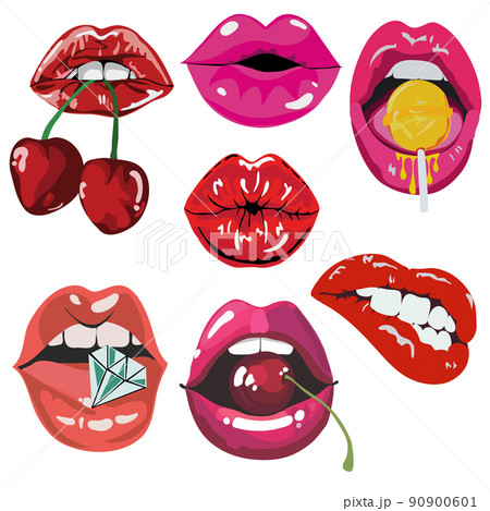 Woman mouth set. Red sexy lips expressing different emotions. Mouth lips and tongue smile vector emoji icons 90900601