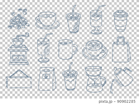 A set of various illustrations about coffee and cafes. Line drawings only. White background. 90902285