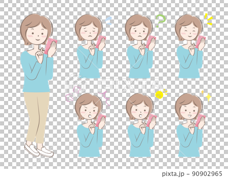 Women with various facial expressions operating smartphones Full body upper body variation 90902965