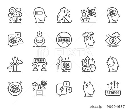 Stress line icons. Mental health, depression and confusion thoughts. Frustrated man, negative mood, panic fear outline icons. Stress pressure and psychology mental problems. Bad depression. Vector 90904687
