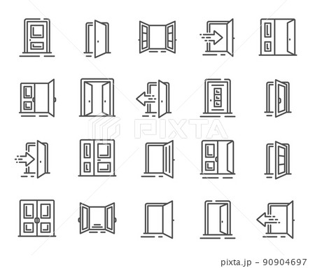Entrance line icons. Open door, Building entry, Emergency exit. Closed doorway, Doorframe, House entrance outline icons. Door knob, home entry, building access. Interior gate, double door. Vector 90904697