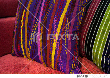 beautiful decorative pillows on sofa, closeup beautiful decorative pillows on sofa, closeup 90907052