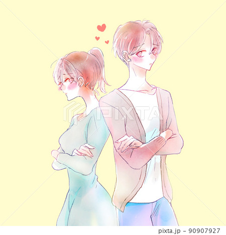 背中合わせのもじもじする男女　恋愛 90907927