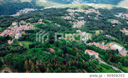 Aerial view of The Alpine foothills in Piedmont region. Aerial view of The Alpine foothills in Piedmont region. 90908203