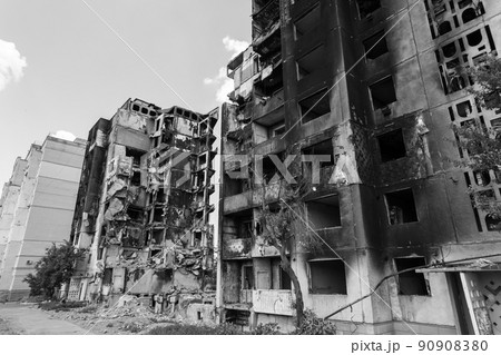 War in Ukraine - destroyed building in Borodyanka, black and white photo War in Ukraine - destroyed building in Borodyanka, black and white photo 90908380