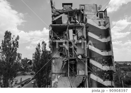 War in Ukraine - destroyed building in Borodyanka, black and white photo 90908397