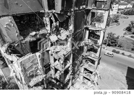 War in Ukraine - destroyed building in Borodyanka, black and white photo 90908418