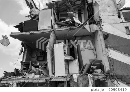 Borodyanka, Ukraine - a destroyed building during the war, black and white photo 90908419