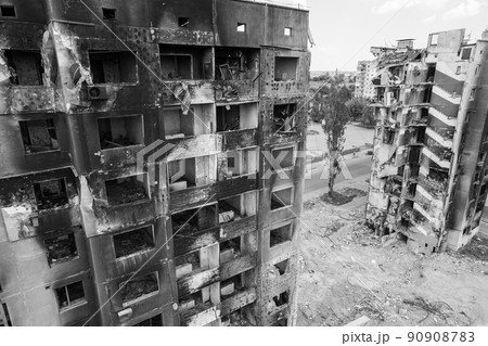War in Ukraine - destroyed building in Borodyanka, black and white photo 90908783