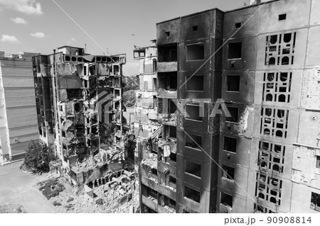 War in Ukraine - destroyed building in Borodyanka, black and white photo 90908814