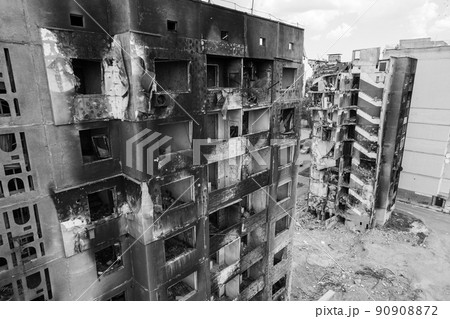 Borodyanka, Ukraine - a destroyed building during the war, black and white photo Borodyanka, Ukraine - a destroyed building during the war, black and white photo 90908872