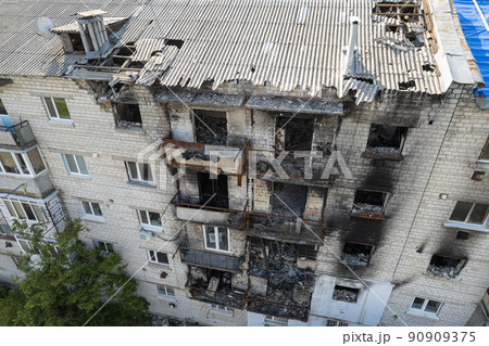 War-torn building in the city of Makariv, Ukraine War-torn building in the city of Makariv, Ukraine 90909375