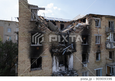 War-torn building in the city of Makariv, Ukraine War-torn building in the city of Makariv, Ukraine 90909396