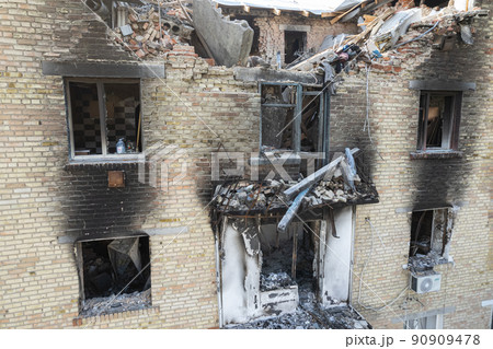 War-torn building in the city of Makariv, Ukraine War-torn building in the city of Makariv, Ukraine 90909478