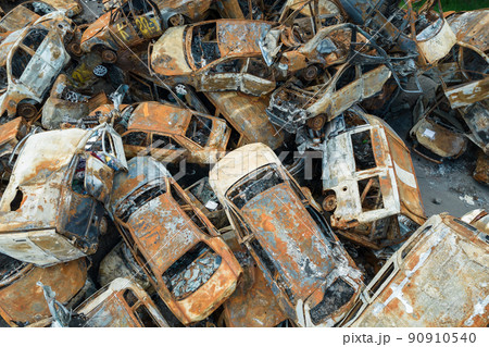 War in Ukraine: a dump of shot and burned cars in Irpin, Bucha district War in Ukraine: a dump of shot and burned cars in Irpin, Bucha district 90910540