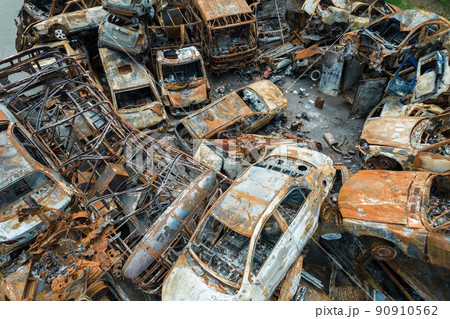 War in Ukraine: a dump of shot and burned cars in Irpin, Bucha district War in Ukraine: a dump of shot and burned cars in Irpin, Bucha district 90910562