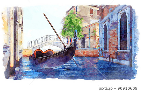 Empty gondola on Venice water canal in watercolor Empty gondola on Venice water canal in watercolor 90910609